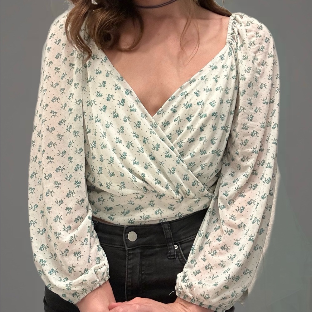 Free People Cream and Green Blouse